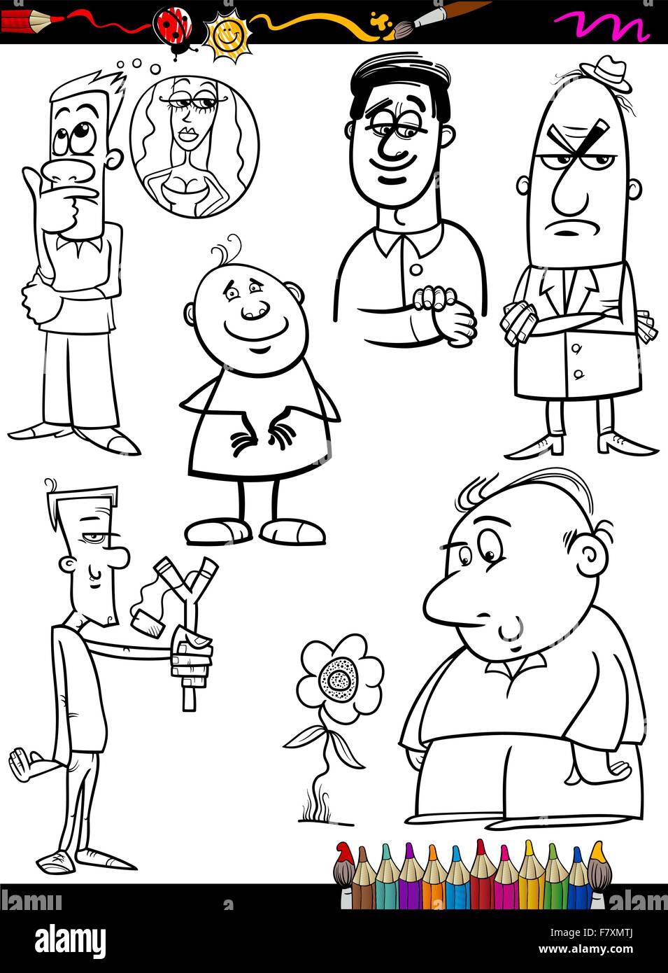 Las personas establecen la página para colorear dibujos animados Imagen  Vector de stock - Alamy