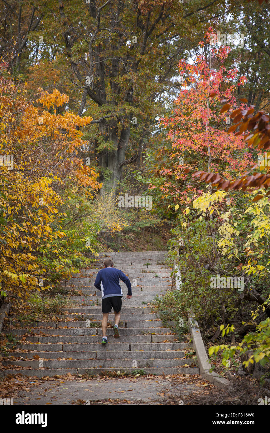 Ejecuta un strairway emparejador de elevación superior en Prospect Park, Brooklyn, NY. Foto de stock