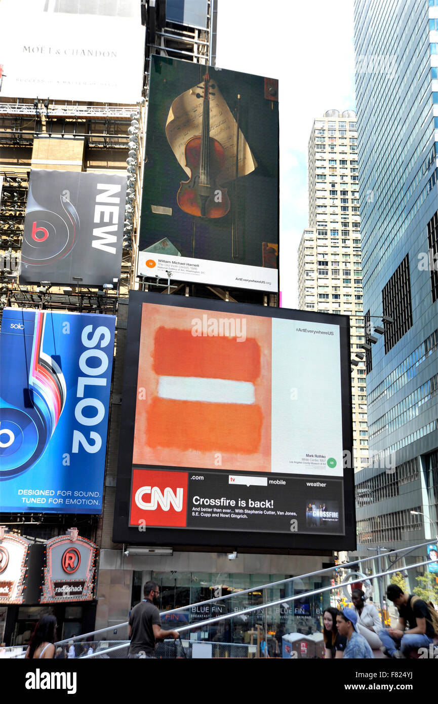 Mark Rothko y William Michael Harnett pinturas aparecen en carteles digitales en la plaza de Times Square de Nueva York durante el evento de arte por todas partes. Foto de stock