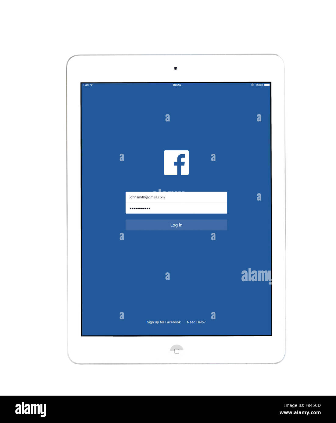 Registro en la página de la aplicación de Facebook, visto en un iPad Air Foto de stock