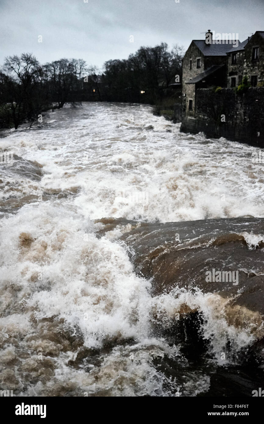 Las aguas de la inundación en el río Wharfe, Yorkshire del Norte después de la tormenta Desmond inundaciones en el REINO UNIDO Foto de stock