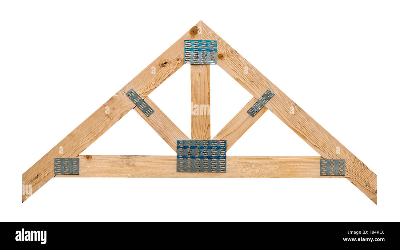 Muestra de un armazón de techo de madera mostrando su fabricación aislados sobre un fondo blanco. Foto de stock