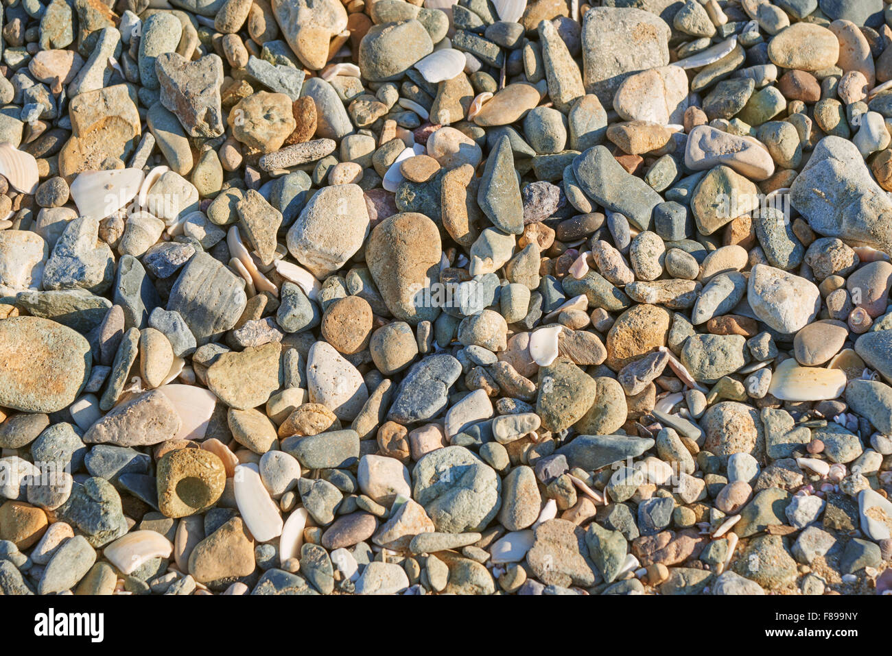 Acercamiento de piedras naturales con luz cálida sobre una playa Foto de stock