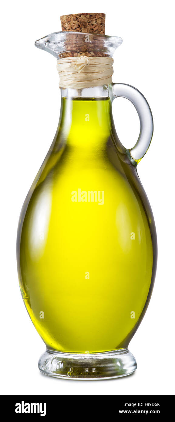 Botella de aceite de oliva virgen extra sobre un fondo blanco. Archivo contiene trazados de recorte. Foto de stock