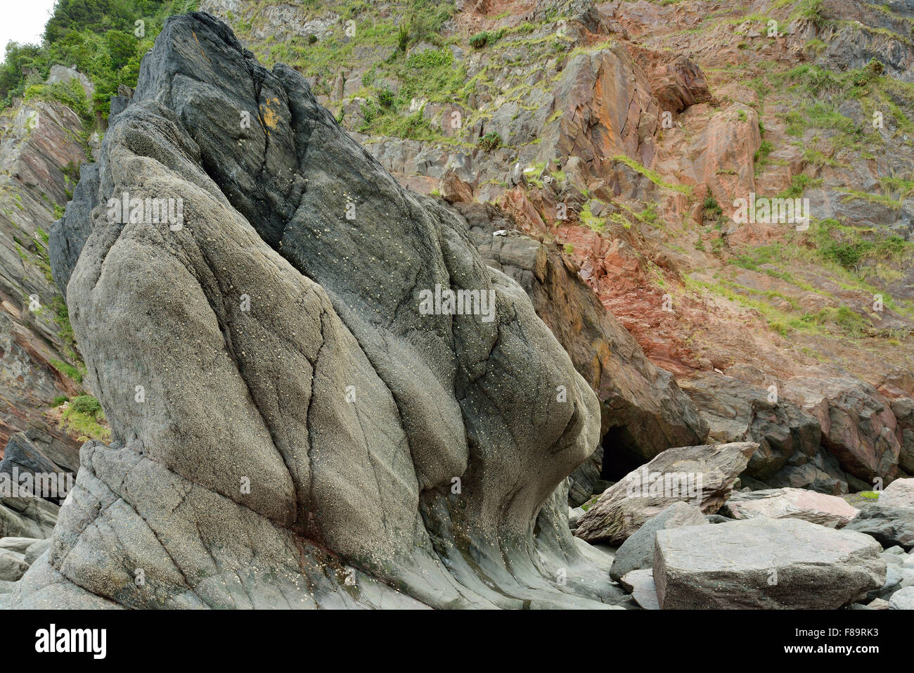 Wave Rock & erosionados acantilados de arenisca, Woody Bay, al norte de la costa de Devon Foto de stock