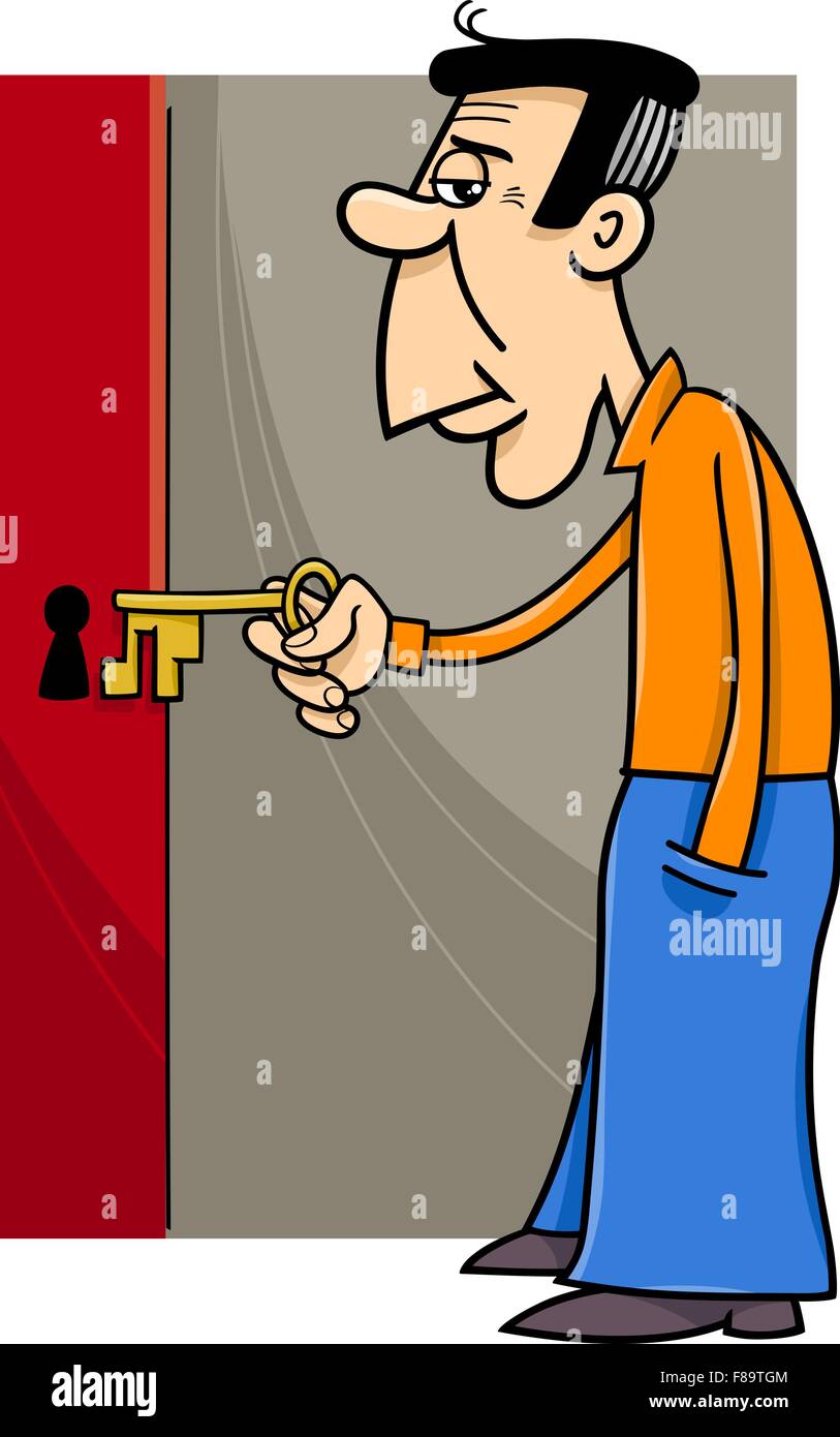Cartoon ilustración del hombre abrir la puerta con la llave Imagen Vector  de stock - Alamy