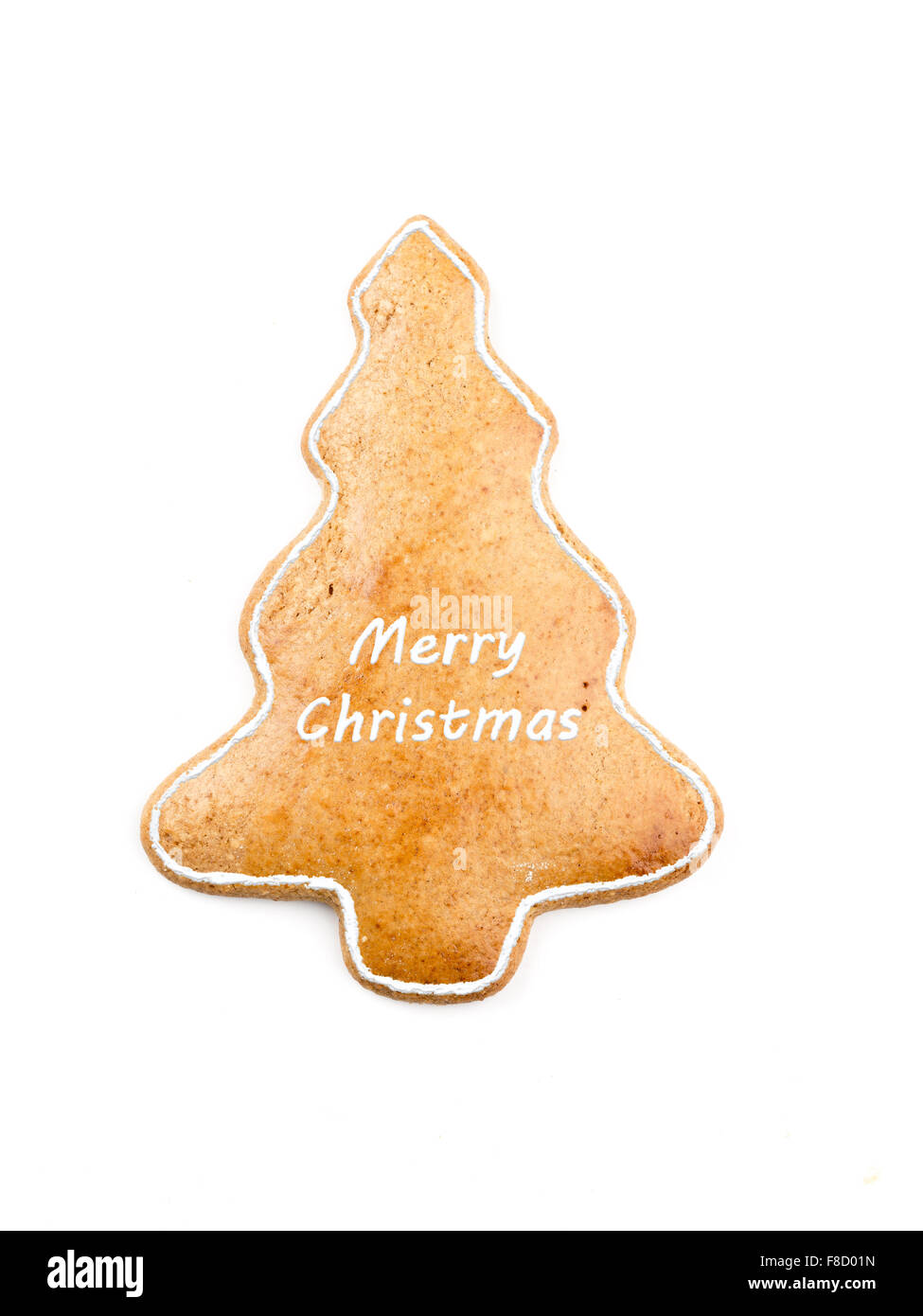 Árbol de navidad con galletas de jengibre como Merry Xmas ortografía sobre fondo blanco. Foto de stock
