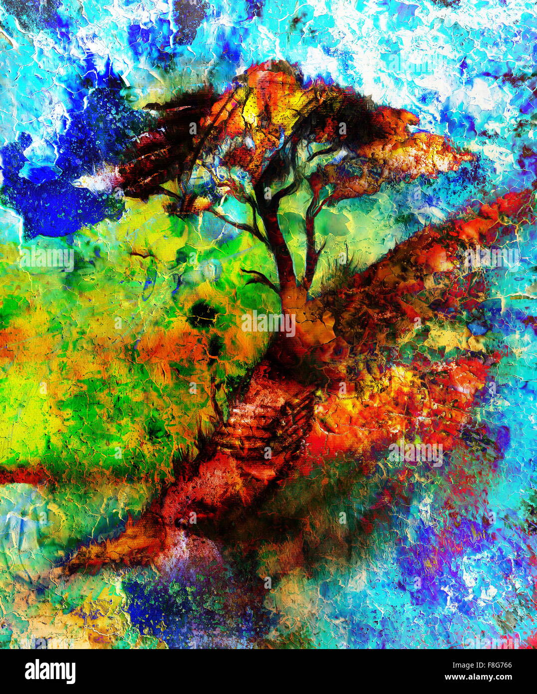Árbol de pintura, papel tapiz paisaje, collage de color. y abstracto  antecedentes grunge con manchas, equipo collage. Azul, negro, amarillo  Fotografía de stock - Alamy