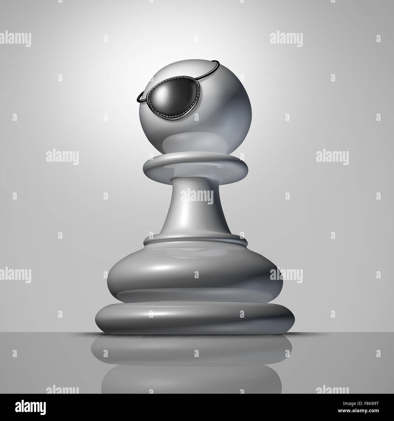 Concepto de negocio estrategia reforzada como un peón de ajedrez pieza pirata o eyepatch vistiendo un parche en el ojo como símbolo y metáfora para una Foto de stock