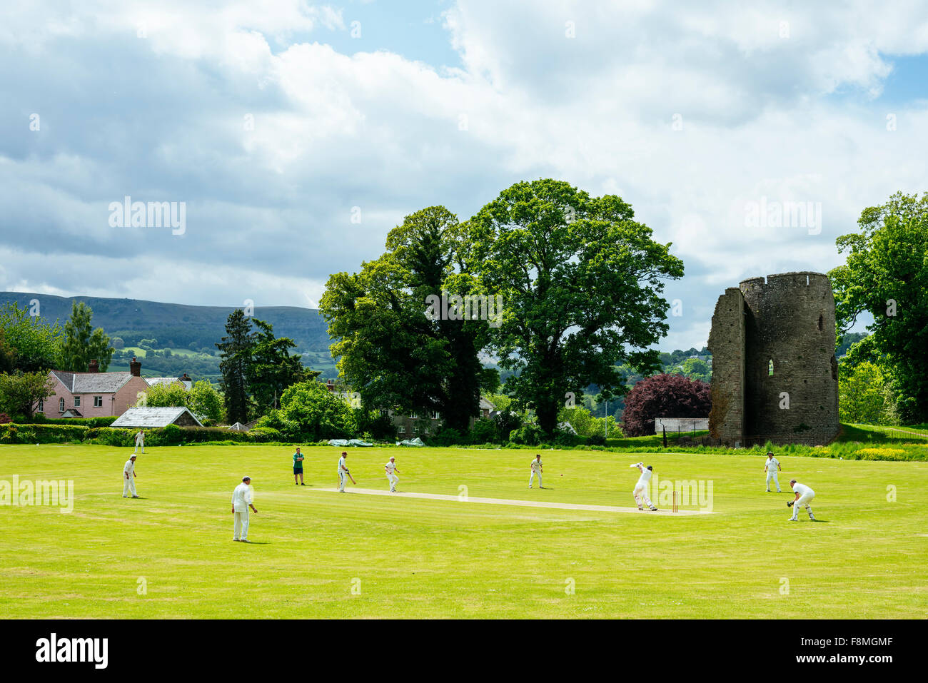 Juego de cricket en Crickhowell, Brecon Beacons, Powys, Gales Foto de stock