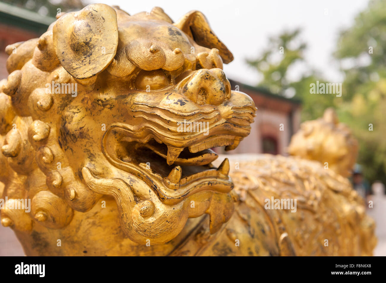 Estatua dorada de un león chino Foto de stock