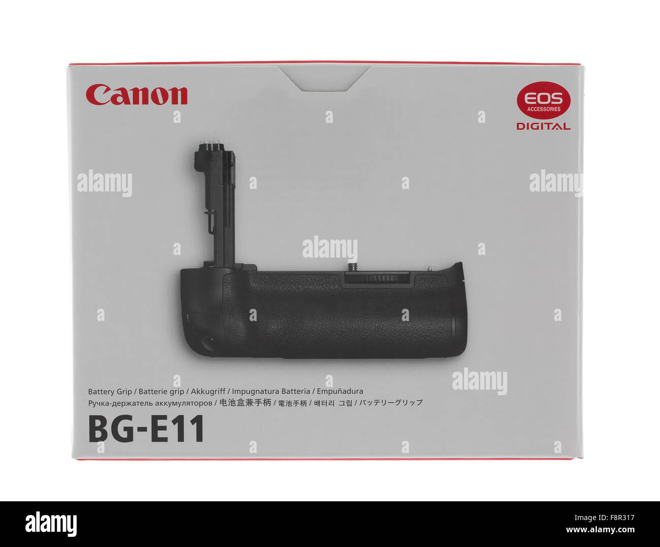 Canon BG-E11 Batería agarre para una 5D Mark III DSLR sobre un fondo blanco. Foto de stock