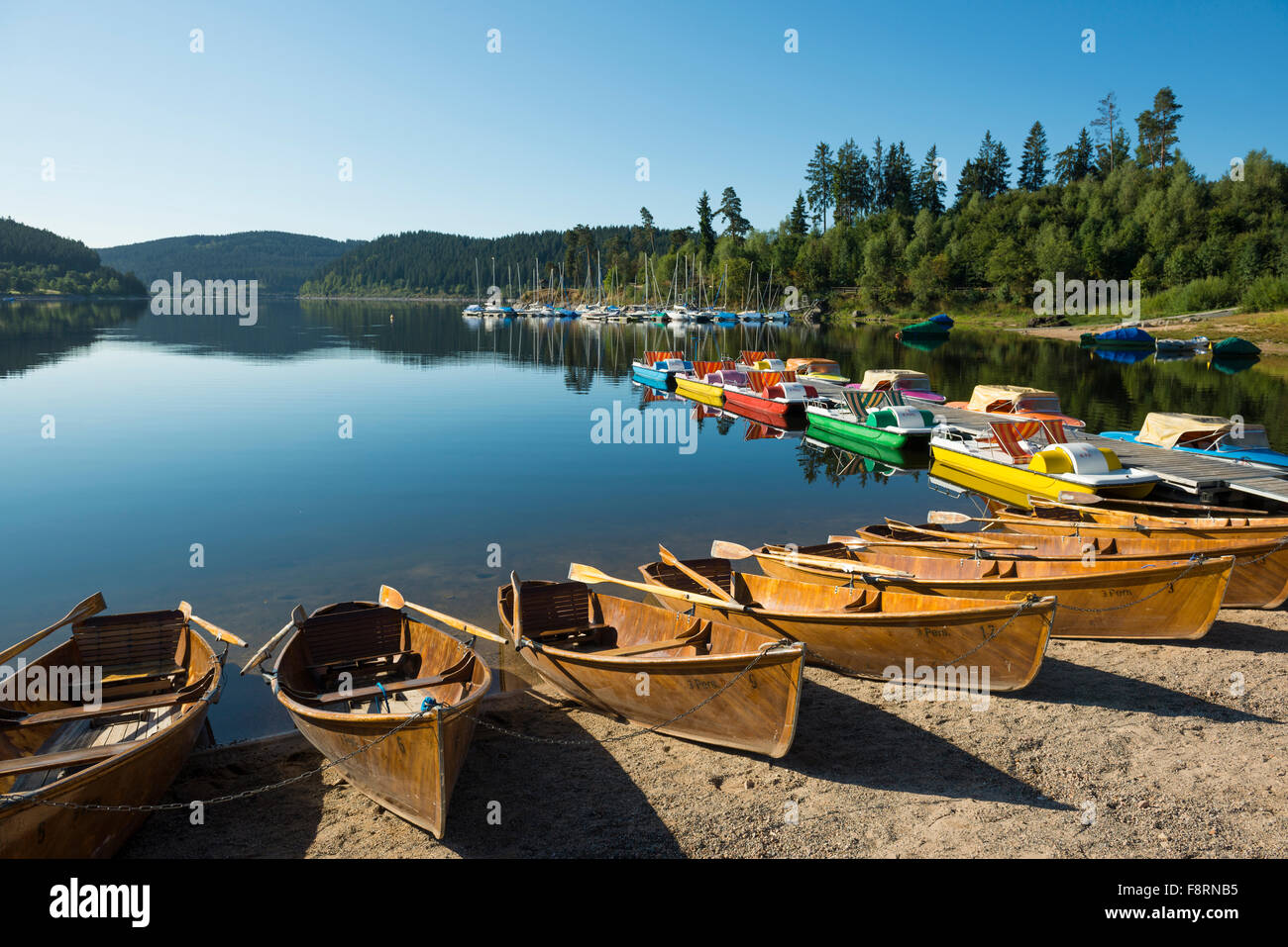 Mañana atmósfera con botes de remo, lago Schluchsee Selva Negra, Baden-Württemberg, Alemania Foto de stock