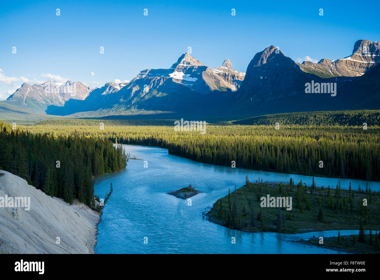 El río Athabasca, el Parque Nacional de Jasper, Alberta, Canadá Foto de stock