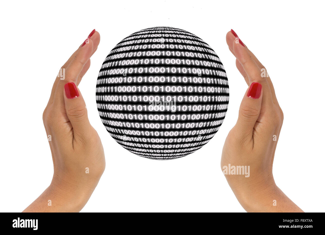 Proteja los datos con las dos manos el concepto que encierra una bola negra digital Foto de stock