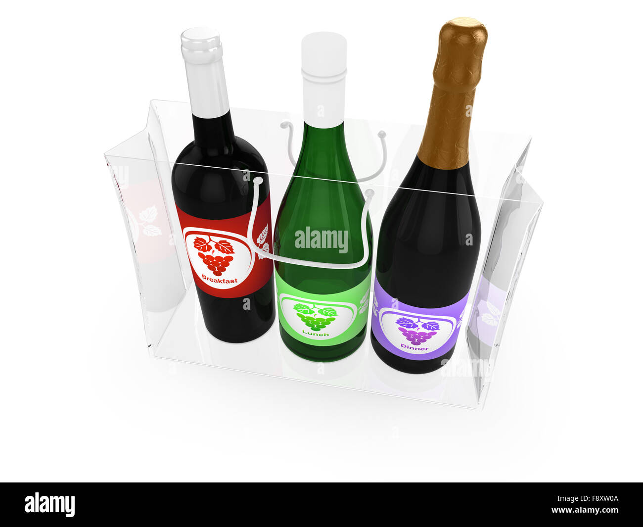 Vino blanco, vino tinto y champagne en una bolsa transparente como concepto para el uso indebido de alcohol Foto de stock