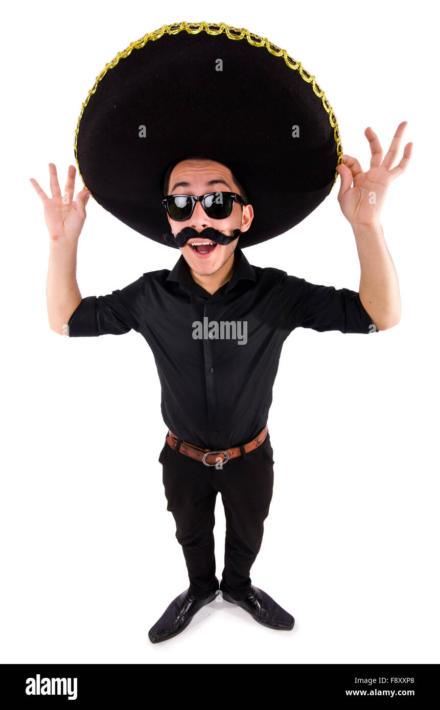 Gracioso hombre vestido con sombrero mexicano hat aislado en blanco  Fotografía de stock - Alamy