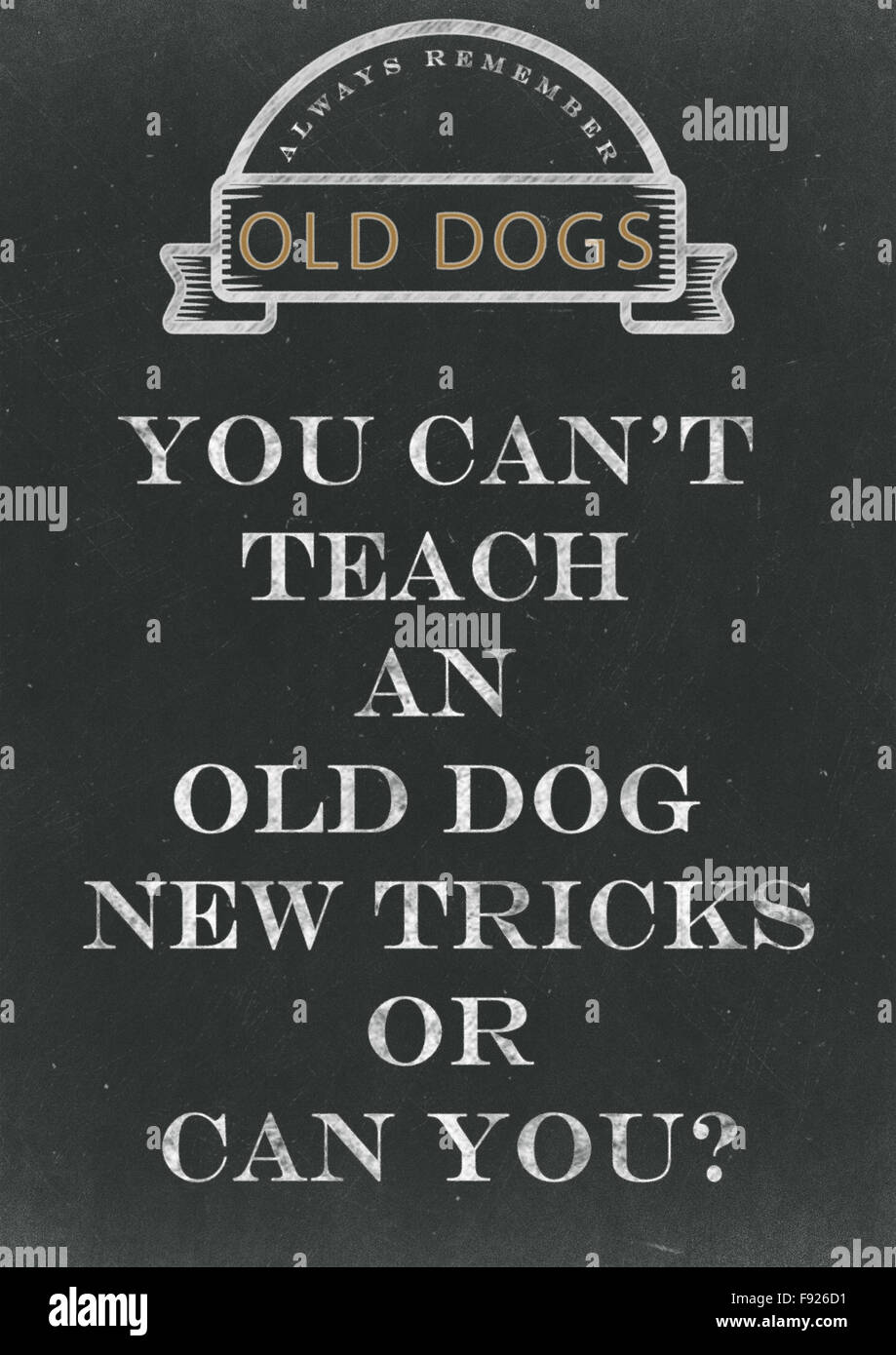 No se puede enseñar a un perro viejo trucos nuevos escritos a mano en una pizarra Foto de stock