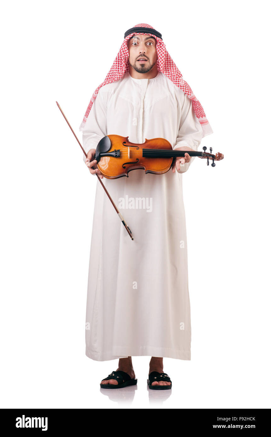 Hombre tocando el violín árabe aislado en blanco Fotografía de stock