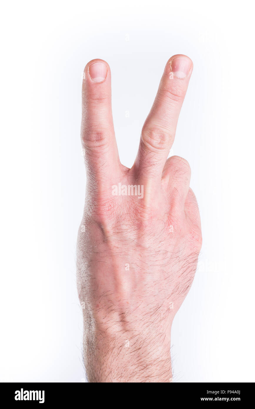La mano del hombre imitar números sobre fondo blanco. Foto de stock
