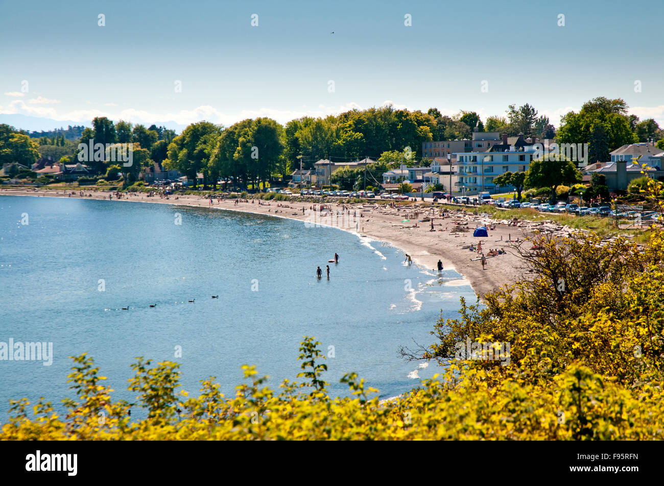 Willows Beach, en Oak Bay Victoria, BC, es una amplia extensión de arena que atrae a la gente a pasear y relajarse. Foto de stock