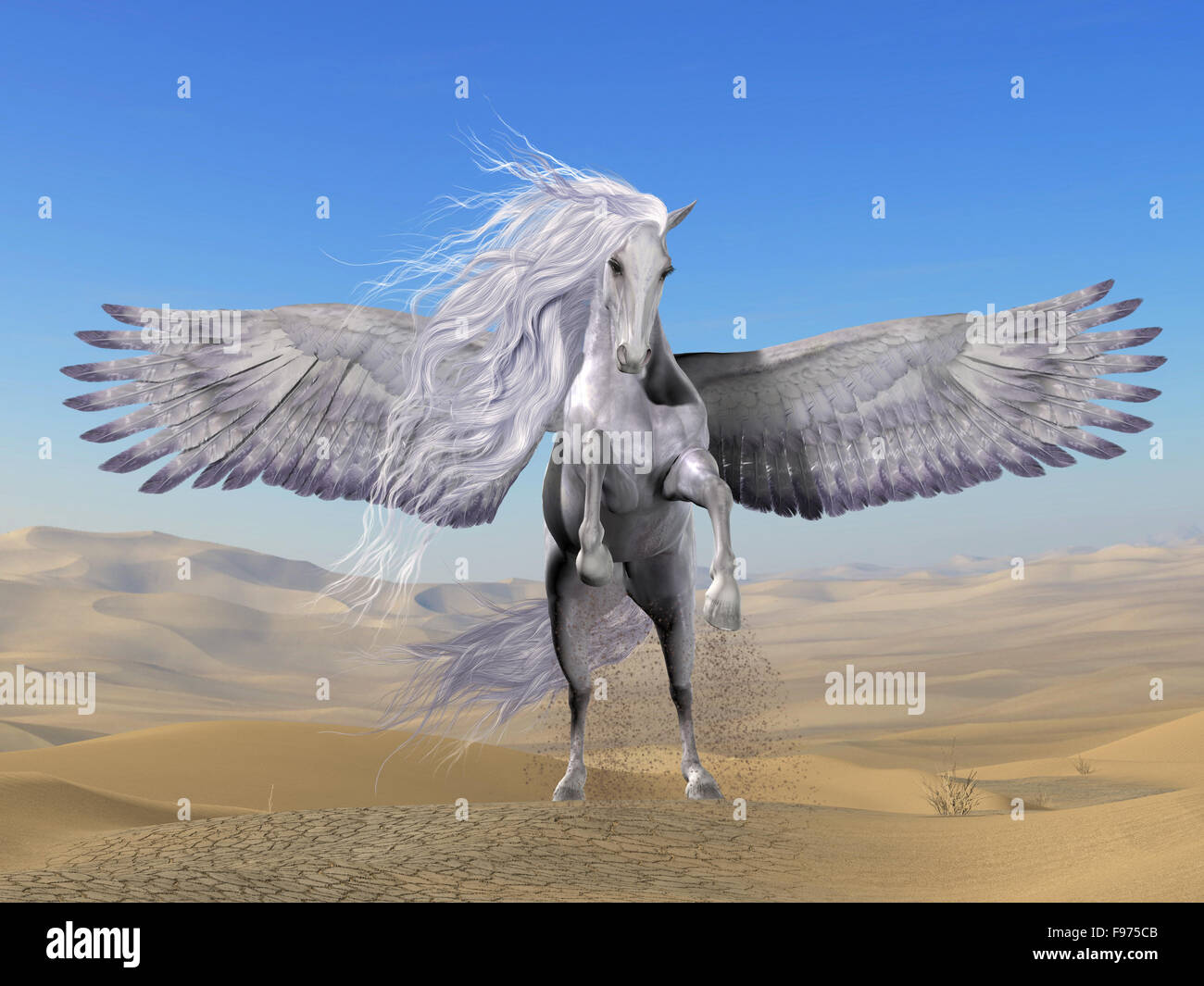 Pegasus es una divina criatura mitológica griega que tiene la forma de un blanco caballo alado. Foto de stock