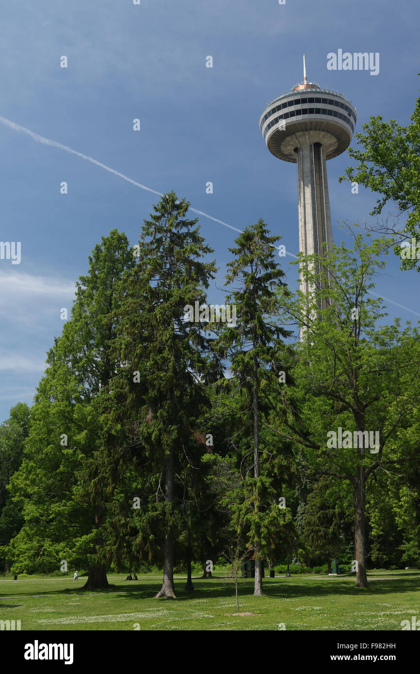 Skylon Tower detrás de los árboles. El parque Victoria, Niagara Falls, Ontario, Canadá. Foto de stock