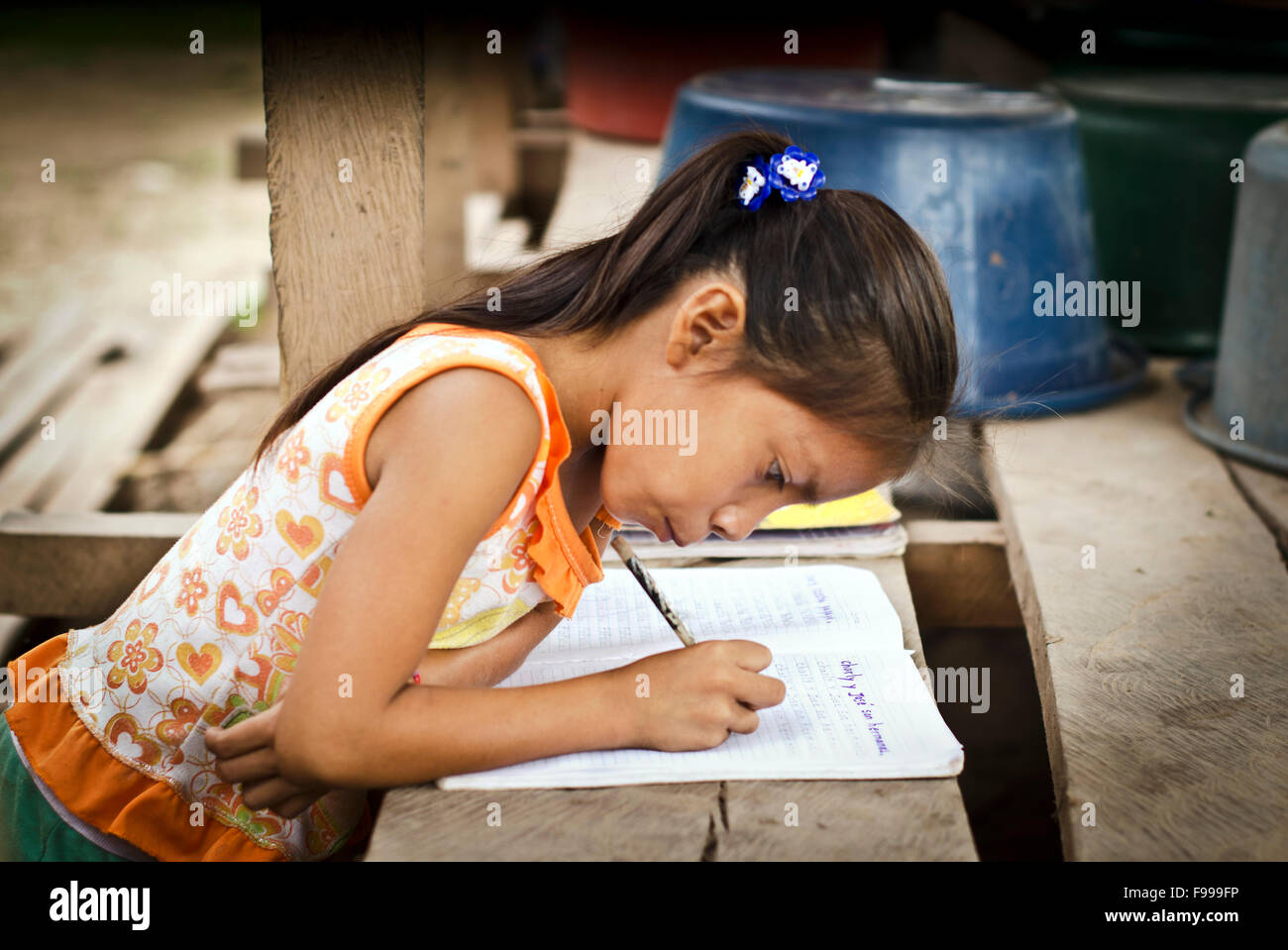 Chica hace sus deberes, Charashmana, Shipibo tribu remota aldea en un río Pisqui ,selva Amazónica Perú Foto de stock