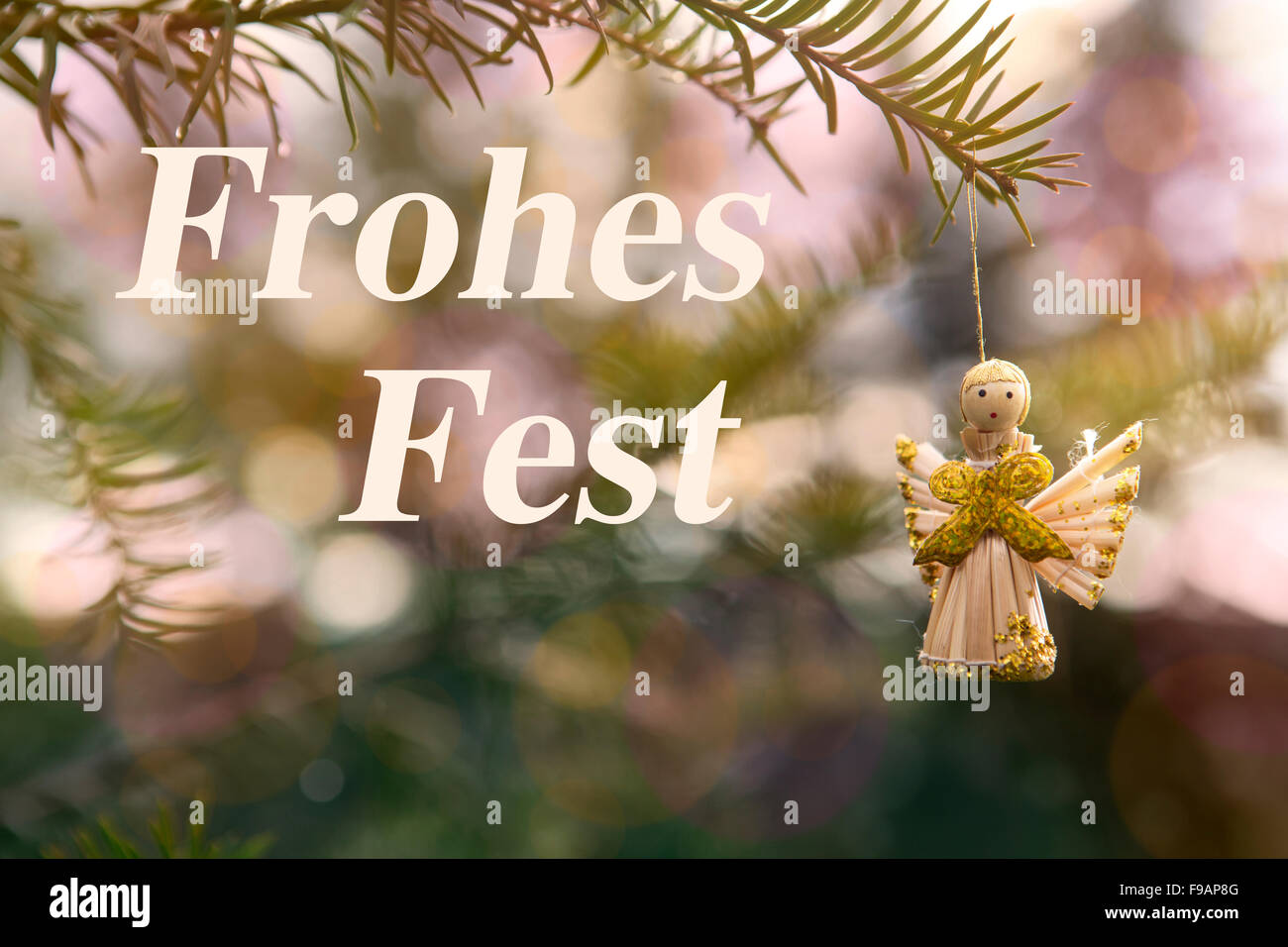 Paja dorado ángel colgando de una rama con palabras en alemán "Frohes Fest"  (Feliz Navidad Fotografía de stock - Alamy