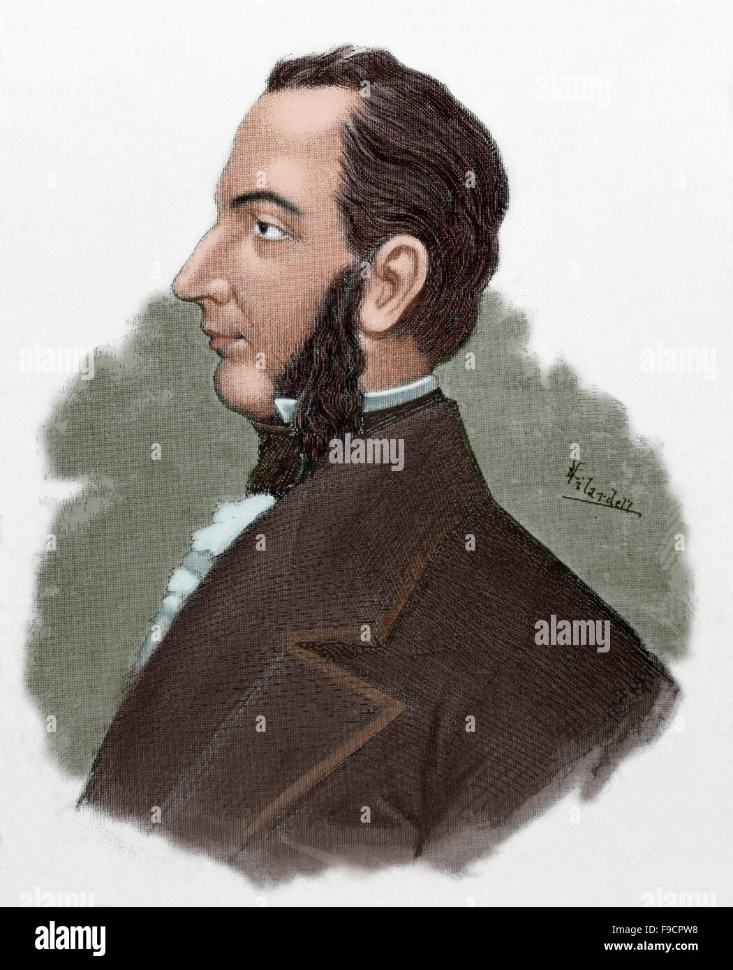 Francisco Morazán (1792-1842). Político hondureño. El presidente de la República Federal de Centroamérica (1830-1839). Retrato. Grabado en celebres "Americanos", 1888. Coloreada. Foto de stock