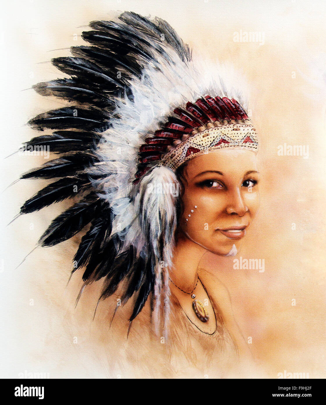 Hermosa pintura aerógrafo de una joven mujer india vistiendo un gran tocado  de plumas, un retrato de perfil Fotografía de stock - Alamy