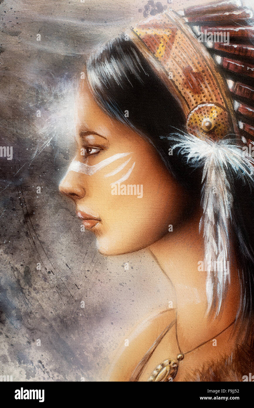 Hermosa pintura aerógrafo de una joven mujer india vistiendo un gran tocado  de plumas, un retrato de perfil Fotografía de stock - Alamy