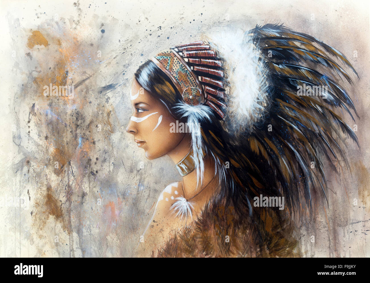 Hermosa pintura aerógrafo de una joven mujer india vistiendo un