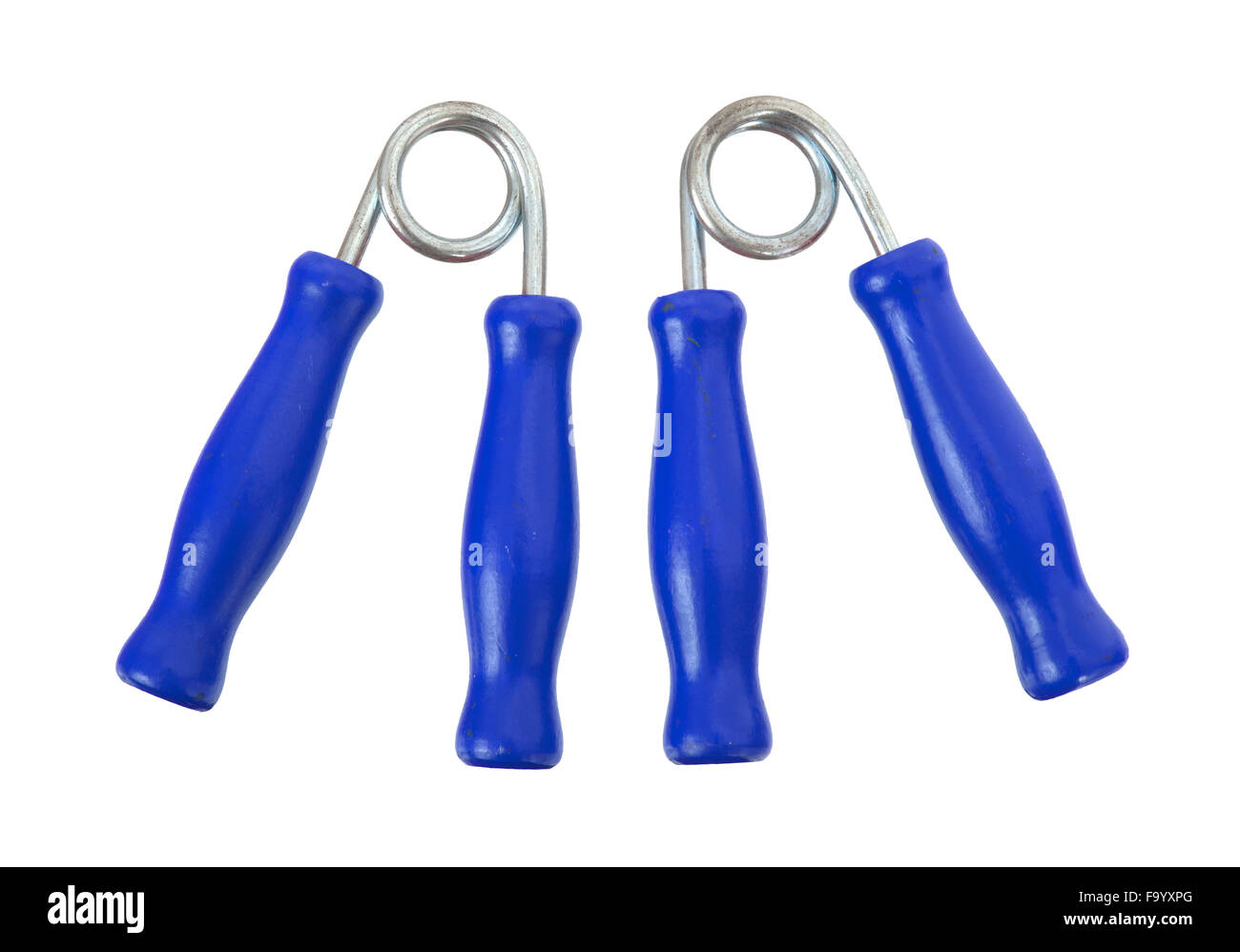 Agarradero equipos para ejercicio aislado sobre fondo blanco, azul Foto de stock