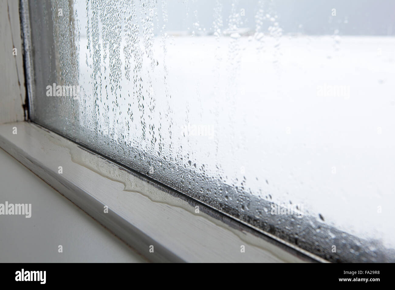Fuerte humedad en una ventana en invierno Foto de stock