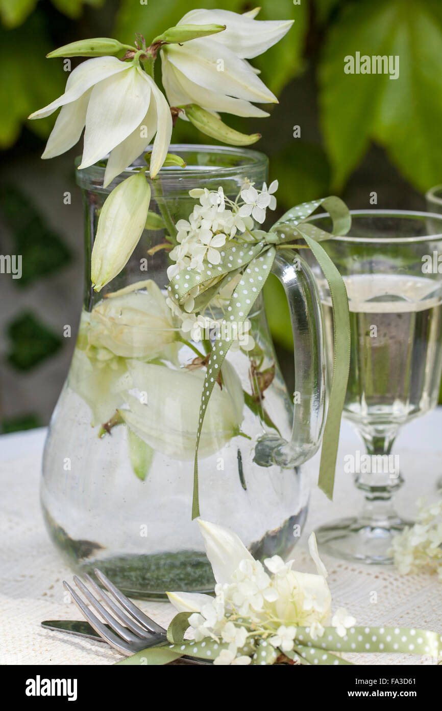 Material: flores de yuca, cinta, flor hydrangea, jarra de cristal, vasos de  agua. Procedimiento: poner agua y flor de yuca en un frasco de vidrio. Flor  hydrangea utilizando cintas de amarre a