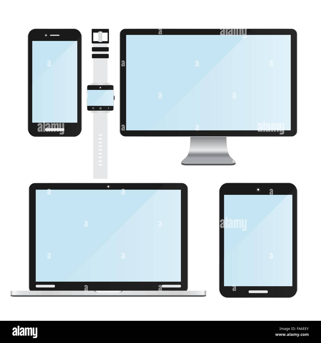 Conjunto de nuevos dispositivos electrónicos modernos realistas. Portátil, monitor de ordenador, tableta digital, teléfonos inteligentes y smart watch Ilustración del Vector