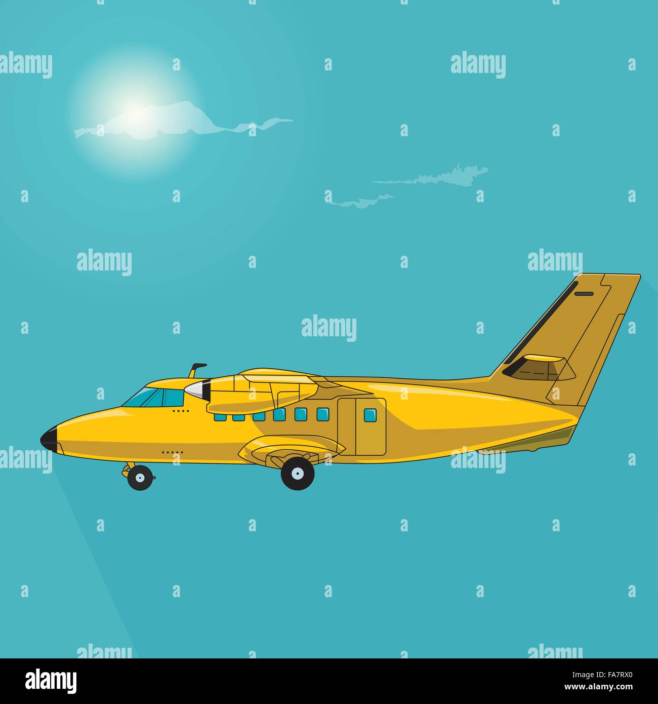 Bonito avión amarillo en el cielo, volando plano en el cielo azul con sol - Aplanar imagen vectorial maestro ilustración aislada Ilustración del Vector