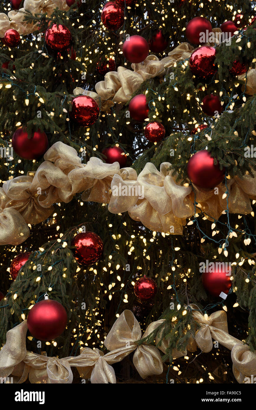 Bolas rojas con cintas doradas y las luces en un árbol de Navidad gigante  al aire libre Toronto Fotografía de stock - Alamy