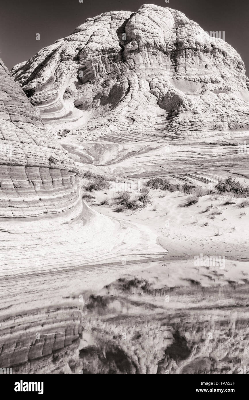 Un estanque de agua de lluvia refleja el único bolsillo blanco remoto y formaciones rocosas en acantilados Vermillion Monumento Nacional en Arizona. Foto de stock