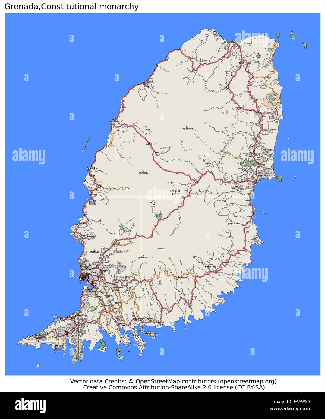 La isla caribeña de Granada mapa de la ciudad Fotografía de stock Alamy