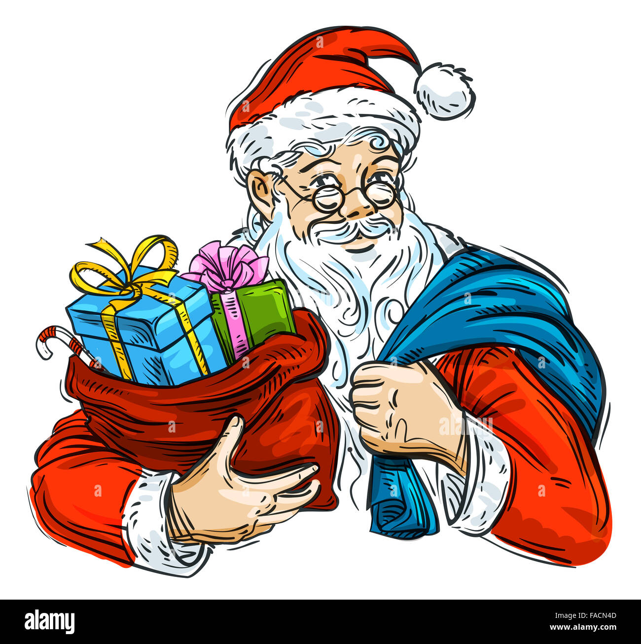 Navidad. Santa Claus y bolsa con regalos aislado sobre fondo blanco. Foto de stock