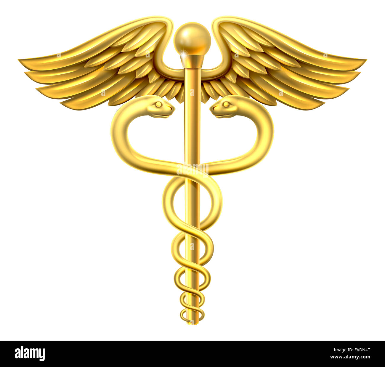Un caduceo de oro símbolo o el médico para el comercio con serpientes entrelazadas alrededor de una varilla alada Foto de stock