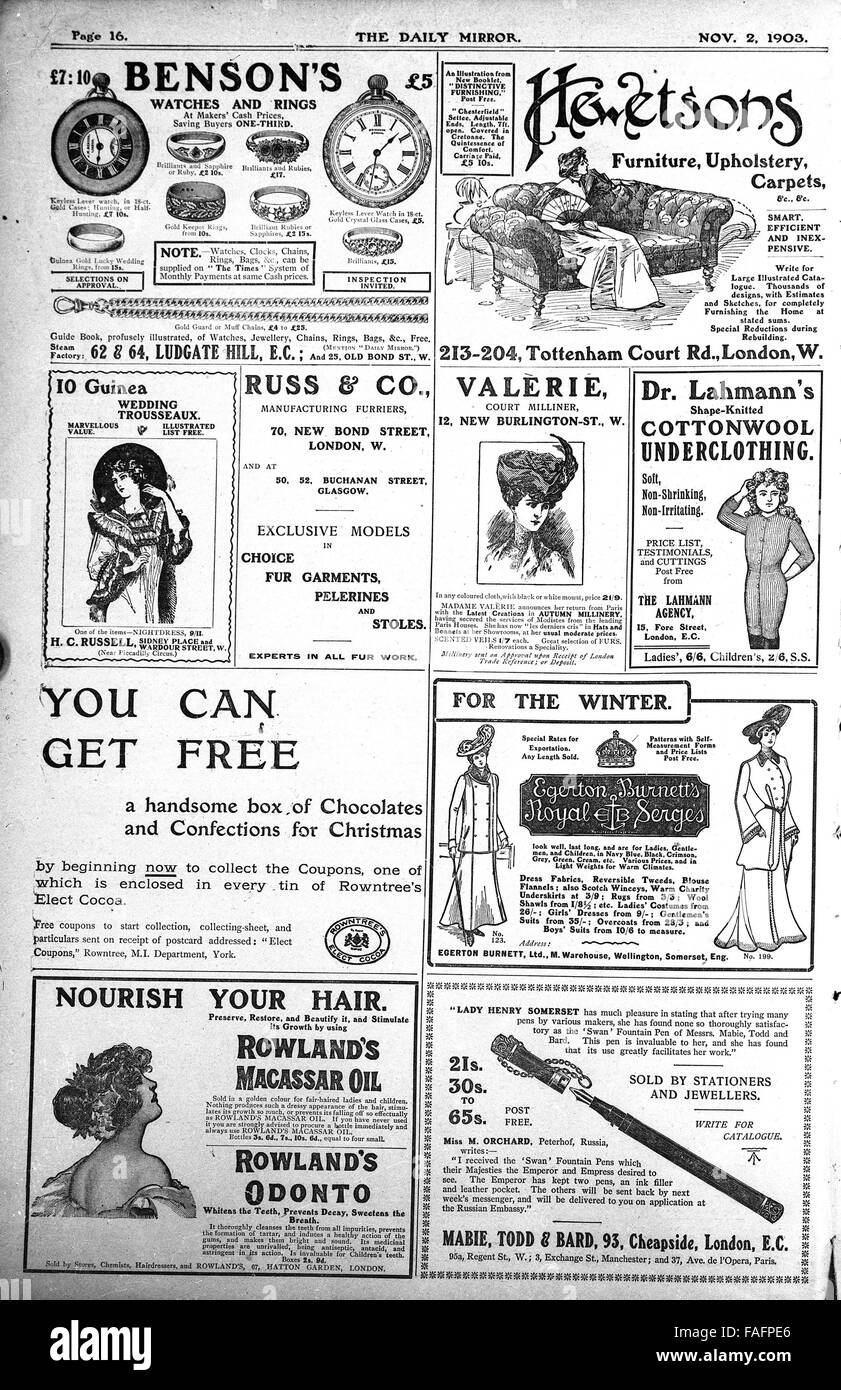 Anuncio anuncios en el periódico Daily Mirror publicado el 2 de noviembre de 1903 Foto de stock