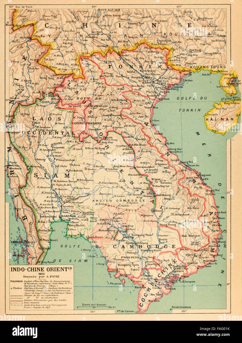 Indo-Chine Orient - Mapa de la Indochina francesa, en 1890. Texto en francés Foto de stock