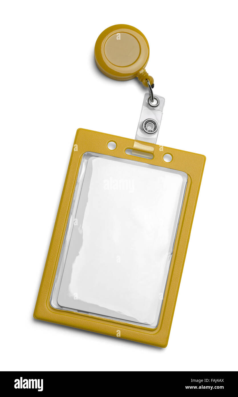 Titular de tarjeta ID amarillo aislado sobre un fondo blanco. Foto de stock
