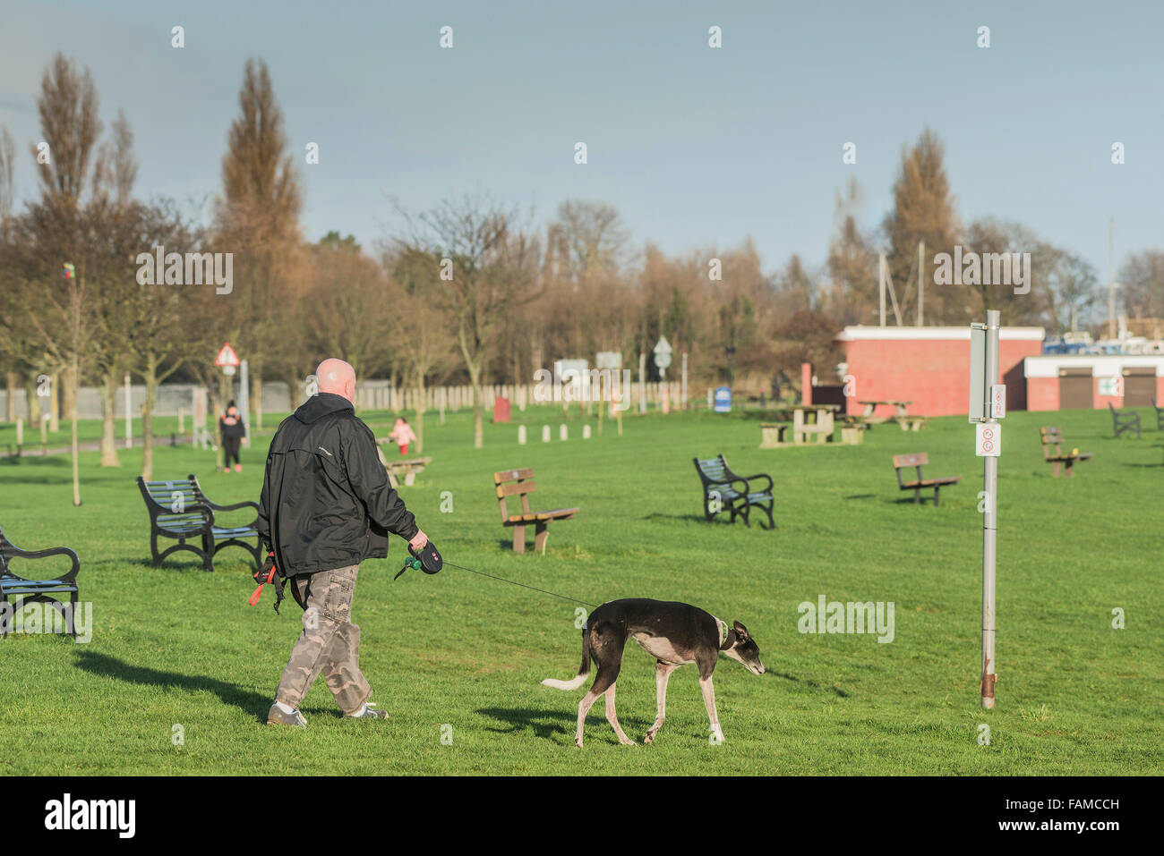 Un hombre camina su perro en el parque en East Beach en Shoeburyness, Essex, Reino Unido. Foto de stock