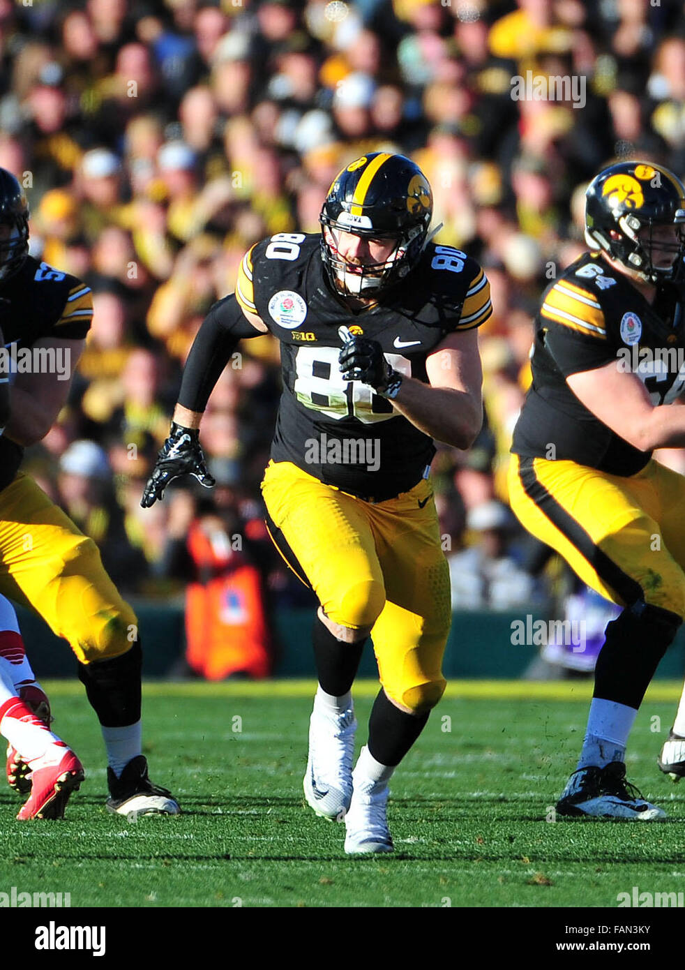 Pasadena, CA. 01 ene, 2016. Iowa Hawkeyes apretado final Henry Krieger Coble #80 de Iowa durante el 2016 Rose Bowl juego entre el Cardenal de Stanford y el Iowa Hawkeyes en el Rose Bowl Stadium de Pasadena, CA. John Green/CSM Crédito: Cal Sport Media/Alamy Live News Foto de stock