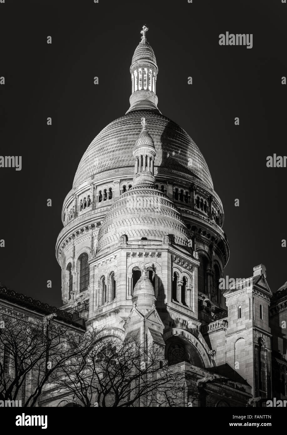 Vista en blanco y negro de las cúpulas de la basílica de Sacre Coeur (Sagrado Corazón) iluminada por la noche en Montmartre, París, Francia. Foto de stock