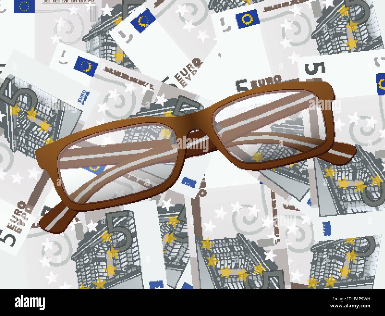 Gafas de lectura en cinco euros de fondo. Ilustración vectorial. Ilustración del Vector